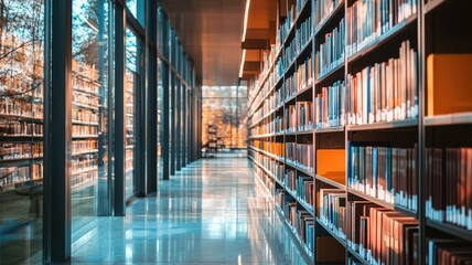 Fototapeta premium A serene library interior featuring shelves of books, large windows allowing natural light, and a polished floor.