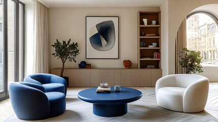 Fototapeta premium Modern minimalist living room, curved blue armchairs, round white armchair, circular blue coffee table, abstract geometric wall art, built-in wooden shelving, arched window, potted plant, light wood p
