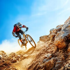 Mountain biker navigating a steep rocky descent, dust trailing, conveying extreme speed and danger