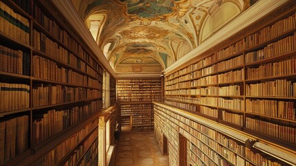 A serene library interior filled with ancient books and stunning frescoed ceilings, creating a tranquil and inspiring atmosphere.