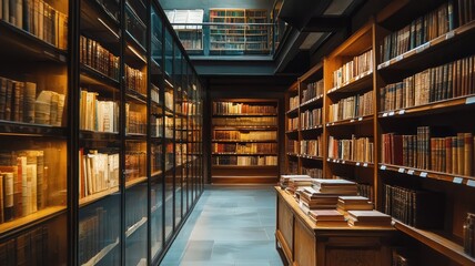 A serene library interior with wooden shelves filled with books, perfect for reading and studying in a quiet atmosphere.