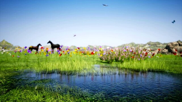 Pond, meadow with flowers, grazing horses, flying butterflies and eagle in blue sky