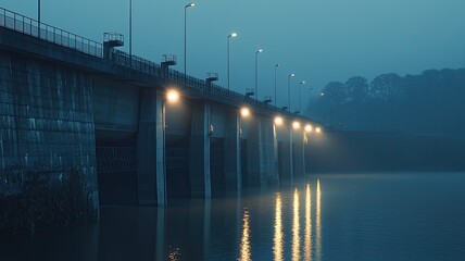 A serene night scene of a lit dam reflecting on calm water, enveloped in mist, creating a tranquil and picturesque atmosphere.
