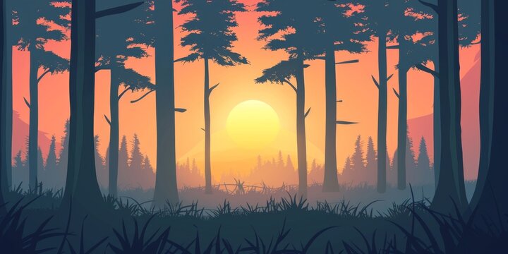 A forest with a sun in the sky. The trees are tall and the grass is short