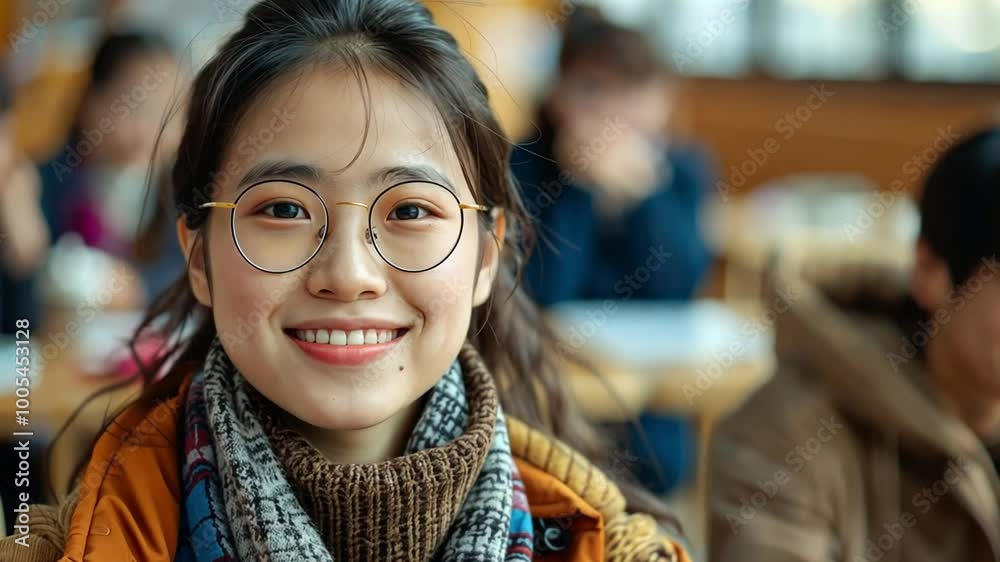 Poster A cheerful student with glasses sits at a desk, surrounded by classmates in a classroom, enjoying a moment of learning and connection during a sunny day.