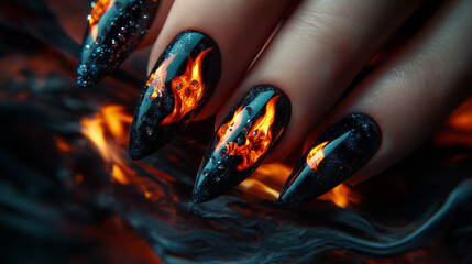 Dark, long nails featuring colorful fire decorations for a gothicinspired Halloween manicure perfect for the season