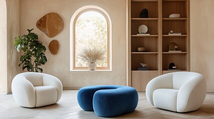 Modern minimalist living room, curved blue armchairs, round white armchair, circular blue coffee table, abstract geometric wall art, built-in wooden shelving, arched window, potted plant, light wood p