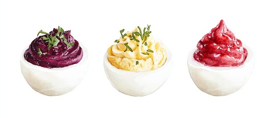 Colorful and creamy dips in white bowls, perfect for garnishing dishes or as delicious spreads for appetizers.