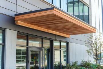 A modern building entrance featuring a wooden overhang and large glass windows.