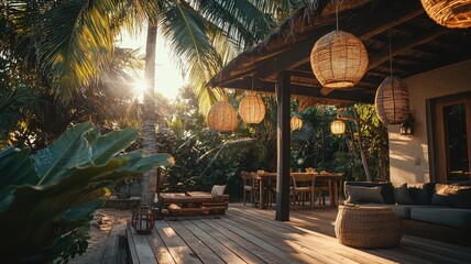 Obraz premium A serene tropical patio adorned with hanging lanterns, surrounded by lush greenery and bathed in warm sunlight, perfect for relaxation.