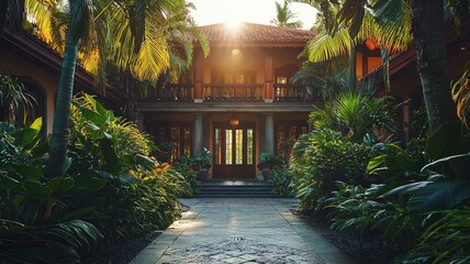 A serene tropical resort entrance surrounded by lush greenery and warm sunlight, inviting relaxation and tranquility.