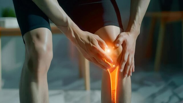 Close-up of Man Holding Knee with Pain, Highlighted Anatomy, 4K