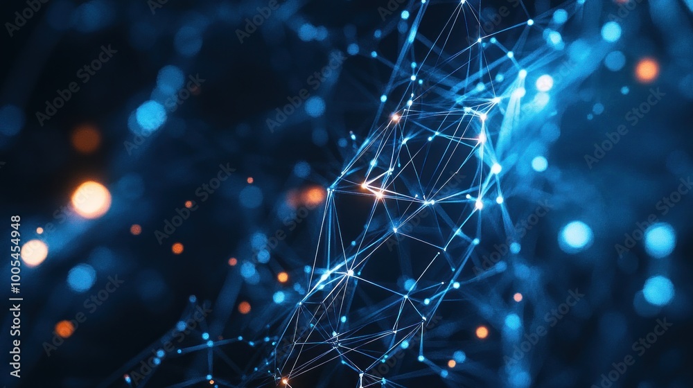 Poster abstract digital network with glowing nodes and interconnected lines.