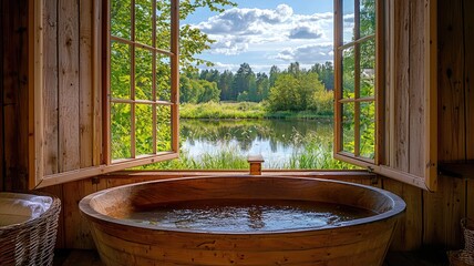 A serene view from a wooden bath overlooking a tranquil lake and lush greenery, perfect for relaxation and nature appreciation.
