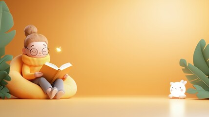 Cozy Reading Girl in a Warm Yellow Environment