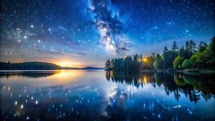 Serene Sunset Sky, Silhouetted Trees, and Reflections in a Tranquil Lake