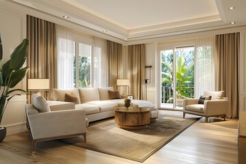 Fototapeta premium Living room interior design with beige furniture, hardwood flooring, sofa, armchair with lamp