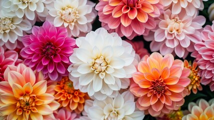 Different pink, orange and white Dahlia flowers. Colorful dahlia garden flowers, wallpaper backdrop. Blossoming dalias bloom, 