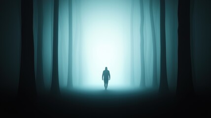Fototapeta premium Mysterious Figure Walking in Foggy Forest