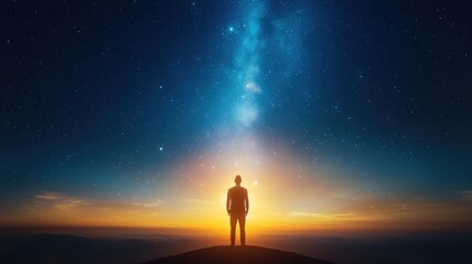 Fototapeta premium Solitary Figure Under Starry Sky at Dawn