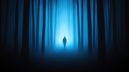 Fototapeta premium Mysterious Figure in Foggy Forest at Night