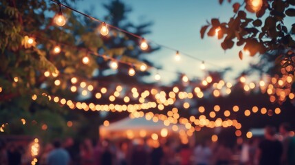 Festive gathering of people celebrating outdoors under string lights with lively colors and joyful expressions against a twilight sky