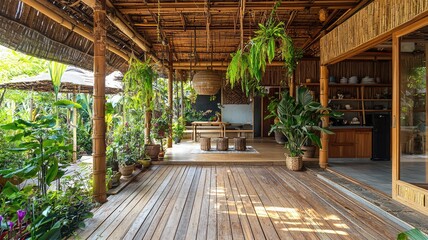 Fototapeta premium A serene wooden patio surrounded by lush greenery, perfect for relaxation and nature-inspired living.