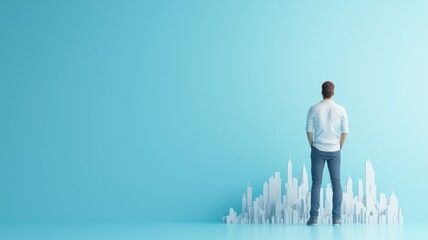 Obraz premium Man Observing City Skyline on Minimalist Blue Background