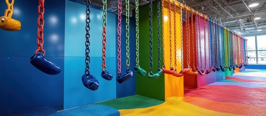 Colorful swings hanging in a children's play area with rainbow colored floor and walls.