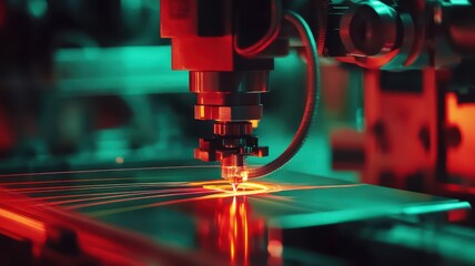 Fototapeta premium Close-up of a laser cutting machine in action with dramatic lighting
