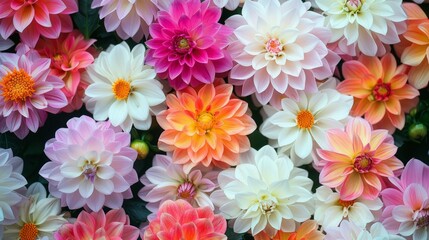 Different pink, orange and white Dahlia flowers. Colorful dahlia garden flowers, wallpaper backdrop. Blossoming dalias bloom, 