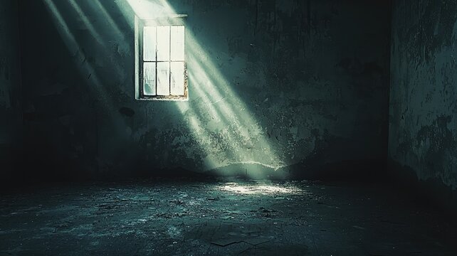 A single window in a dark, dusty room, letting in a ray of light.  The light illuminates the dusty floor, creating a sense of hope and possibility in the otherwise bleak space.