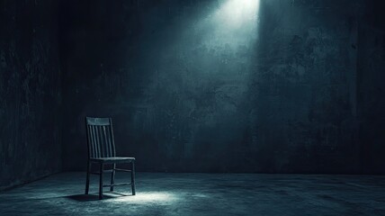 A solitary chair illuminated by a dramatic spotlight in a dark, moody environment, evoking feelings of isolation and mystery.