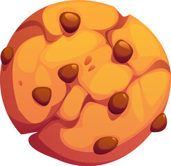 Fototapeta premium Cartoon chocolate chip cookie, confectionery and sweet pastry. Isolated vector bakery with a golden-brown crunchy texture and multiple dark chocolate chips scattered across its round cracked surface