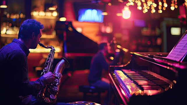 A soulful jazz performance featuring a saxophonist and a pianist in a vibrant, lit-up bar setting.