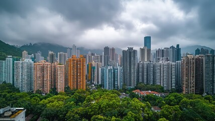 Fototapeta premium A striking aerial view of a modern city skyline surrounded by lush greenery and dramatic cloudy skies, showcasing urban life.