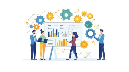 A team of four people are analyzing data on a whiteboard with charts and graphs. They are using laptops and interacting with each other. 