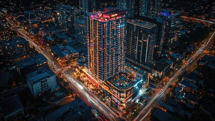 Obraz premium A stunning aerial view of a vibrant city skyline at night, showcasing illuminated buildings and bustling streets.
