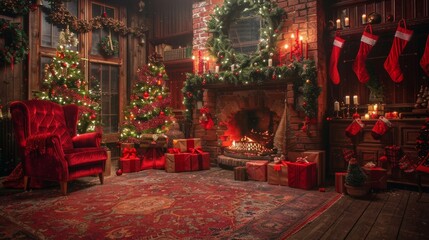 Obraz premium A cozy living room with a red chair, a fireplace, and a Christmas tree. The room is decorated with Christmas lights and presents