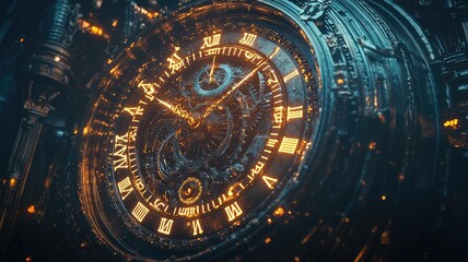 A stunning close-up of a futuristic clock with intricate details and glowing elements, perfect for technology and time-themed projects.
