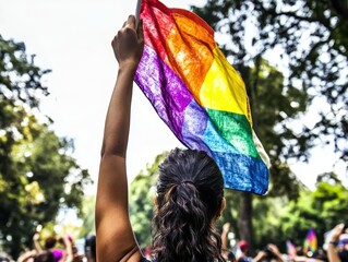 Rainbow flags showing in hands human rights and to celebrate lgbtq+ in pride month