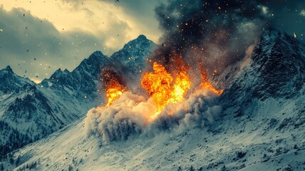 A stunning scene of an explosion in the mountains, with fiery debris contrasting against a dramatic snowy landscape.