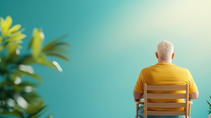 Fototapeta premium Man Sitting on Chair with Green Background and Plants