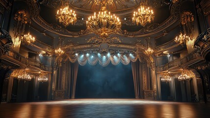 Obraz premium A stunning theater interior featuring ornate chandeliers and a grand stage, perfect for performances and events.