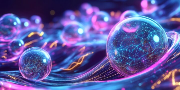 a group of spheres with glowing lights