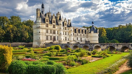 Fototapeta premium A stunning view of a historic castle surrounded by lush gardens under a dramatic sky, exemplifying architectural beauty and nature.