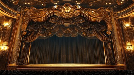 A stunning vintage theater stage with ornate decorations and rich drapes, perfect for performances and cultural events.