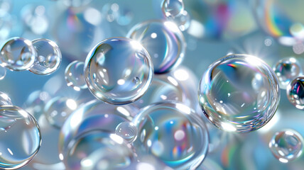 Captivating bubbles floating gracefully in a soft blue atmosphere at midday