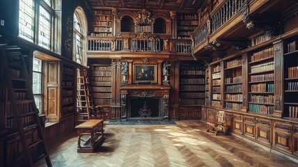 A stunning wooden library interior featuring tall bookshelves, a cozy fireplace, and elegant natural lighting.