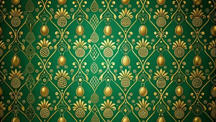 Obraz premium Emerald Green and Gold Ornate Pattern with Pineapples and Floral Elements